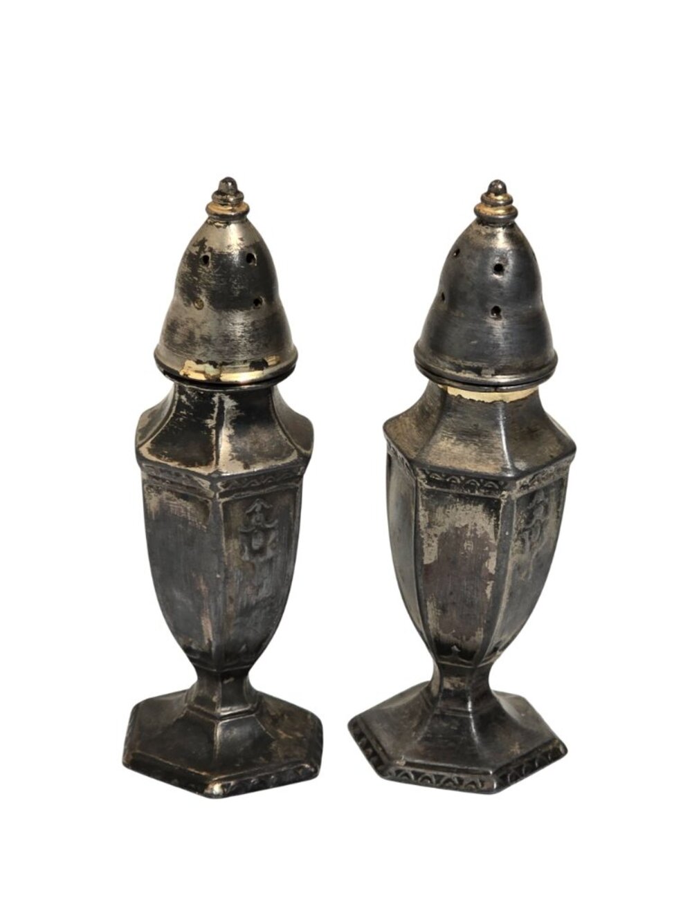 Vintage Silver-Plated Salt & Pepper Shaker Set With Hexagonal Base Made In USA - Picture 3 of 9